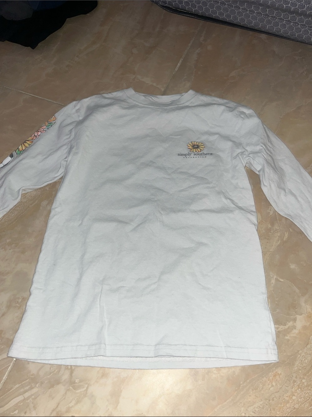 Simply Southern White Long Sleeve Tee with Pastel Daisy Sleeve